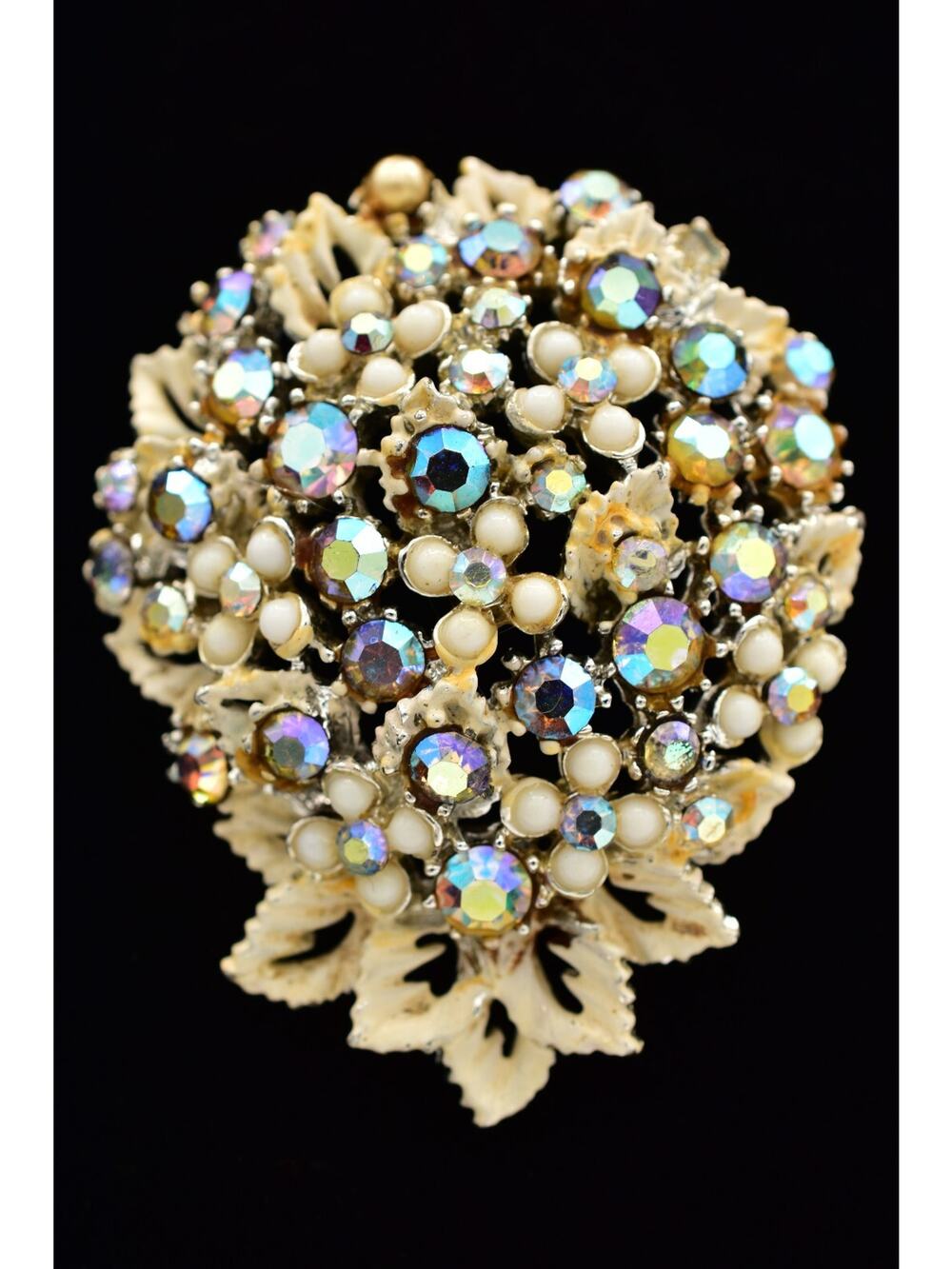 Art Vintage Crystal Pin Brooch Auroral Borealis White Pearl Signed 1940s BinBI